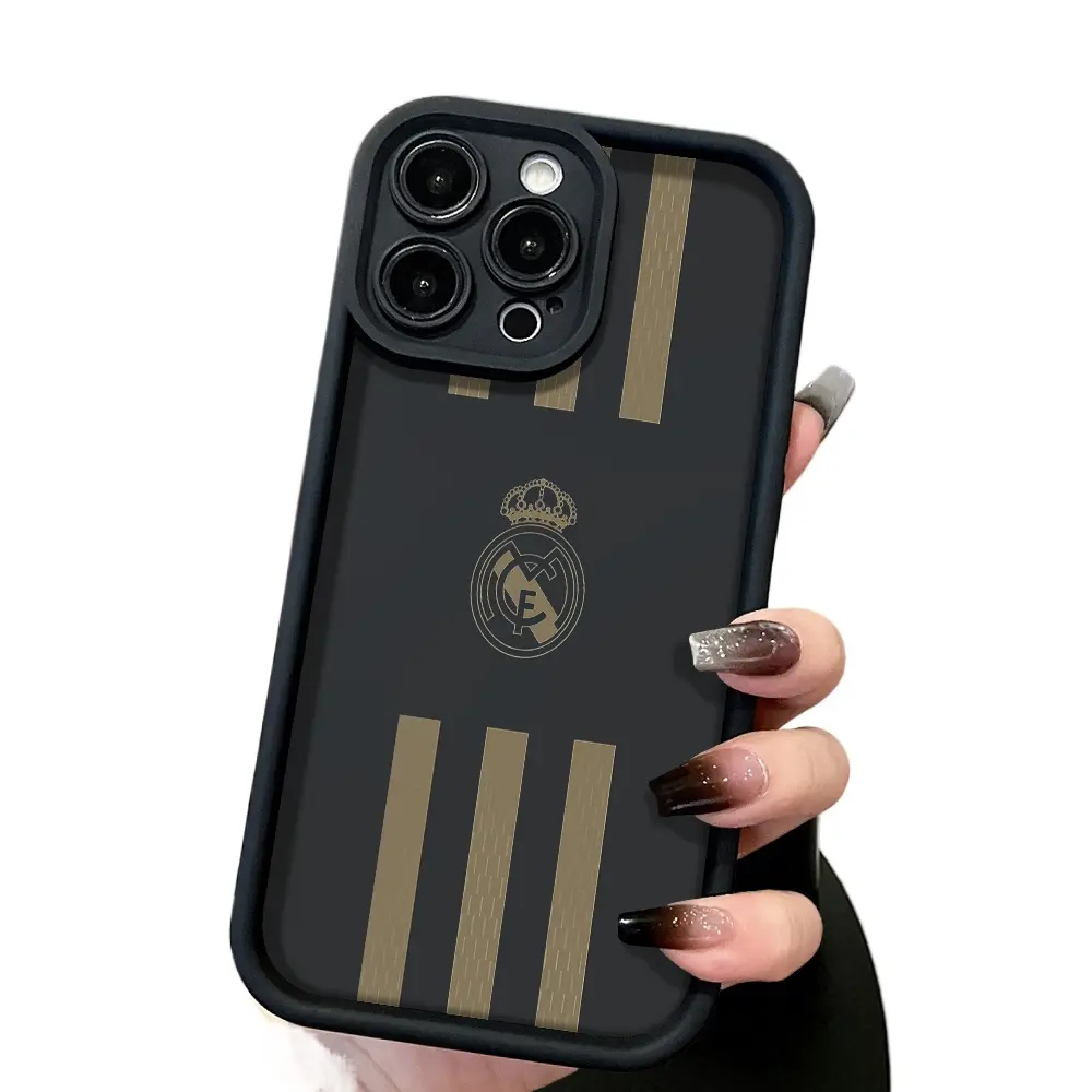 Stylish Minimalist Real Madrid Crest Neutral Stripe Jersey Pattern Phone Case for iPhone 17 16 15 14 Pro Max 13 12 11 XR XS Plus Air Slim Shockproof Anti Scratch TPU Protective Cover Trendy Soccer Fan Sport Aesthetic Phone Accessory