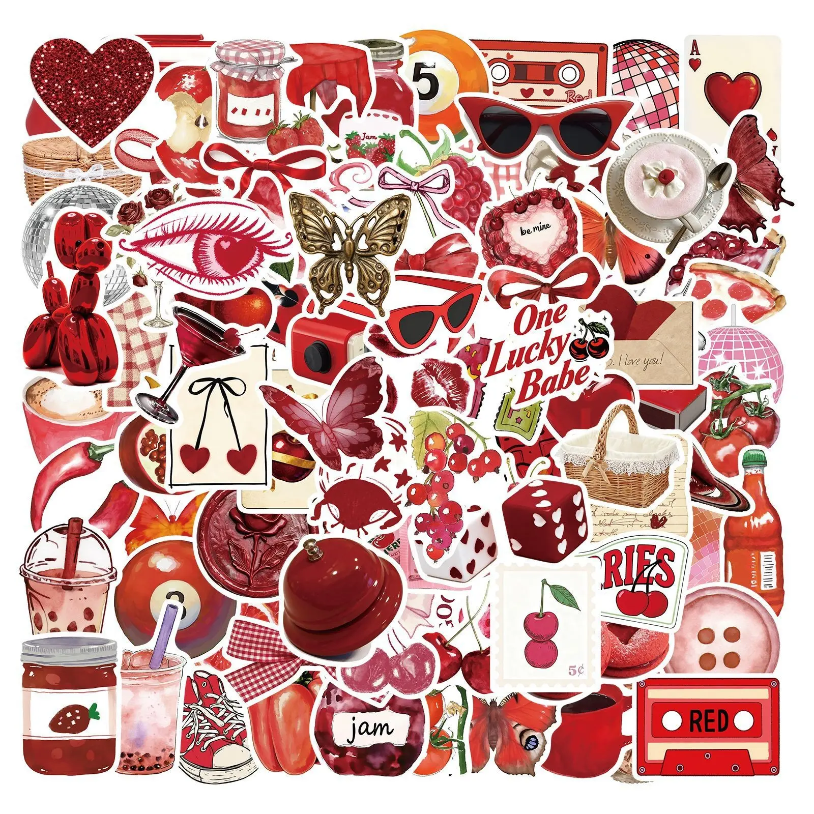 100 Sheets Romantic Cherry Center Stickers, Cartoon Waterproof Decals, Decorative Cup and Notebook Stickers, Style Stickers