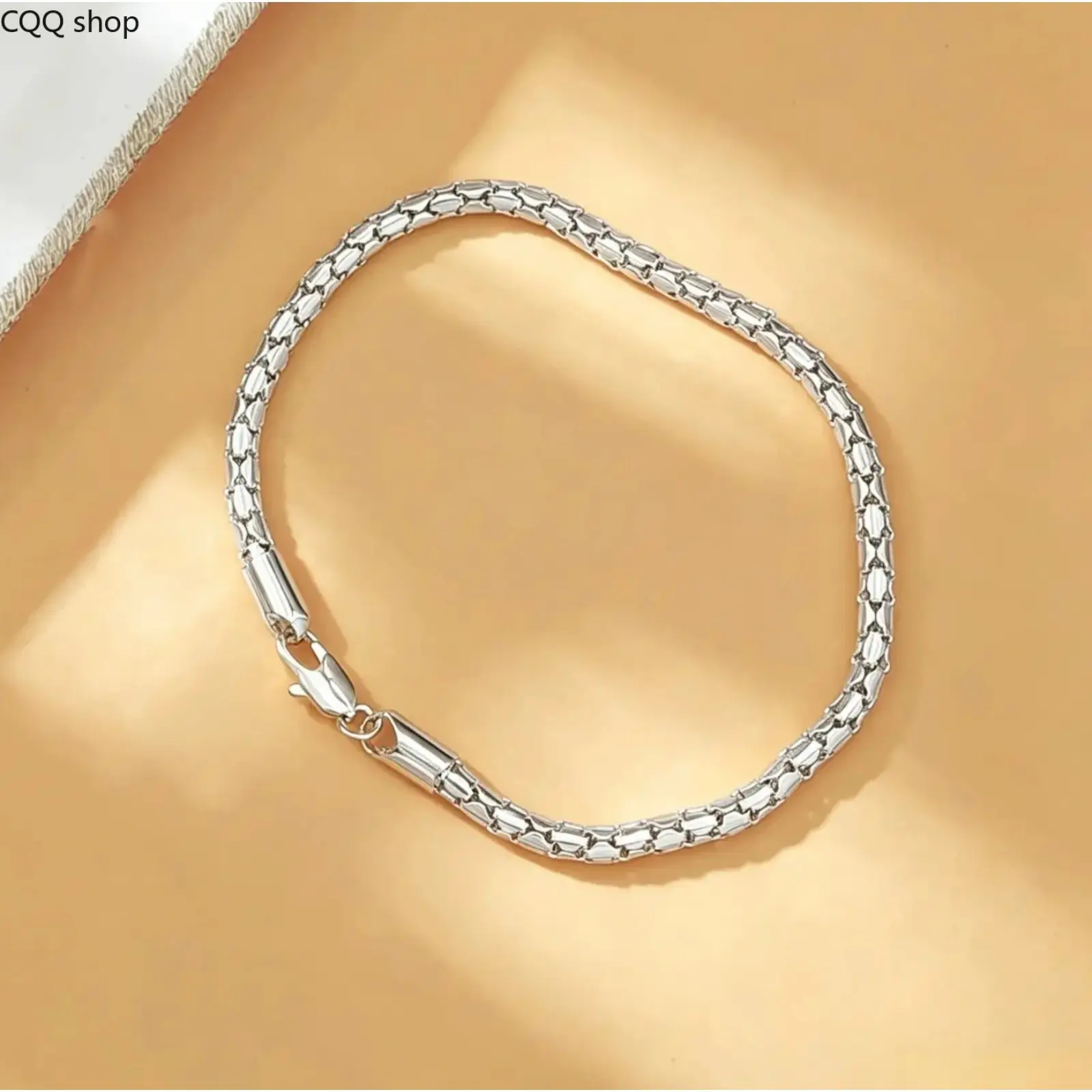 Silver Plated Solid Copper Smooth Box Snake Link Bracelet, Polished Shiny Tiny Cube Chain Wrist Bangle, Minimalist Stackable Fashion Bracelet Jewelry Gift for Daily Wear Birthday