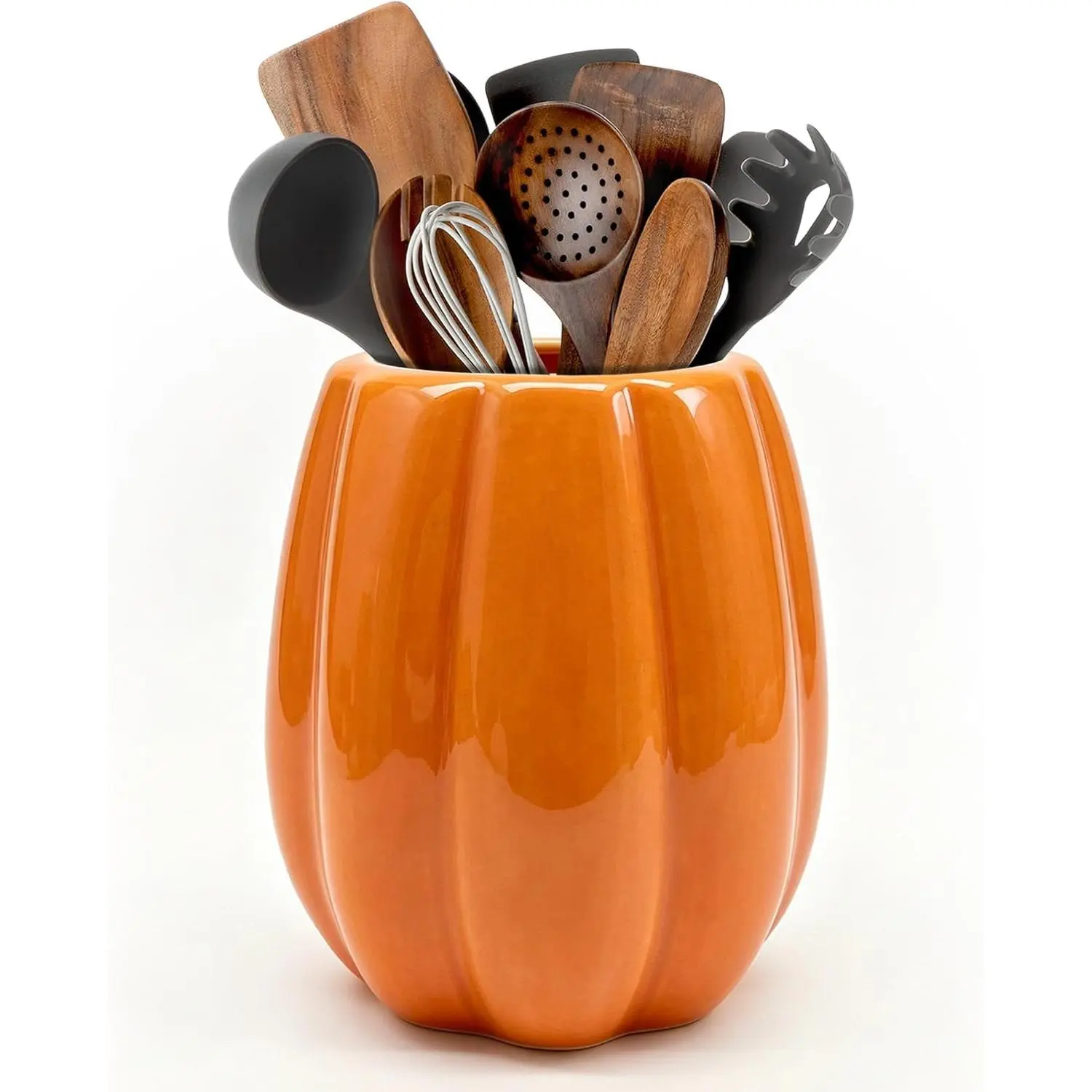 Ceramic Pumpkin-Shape Utensil Crock - 6.3 In Rustic Farmhouse Fall Kitchen Storage Organiser, Cute Autumn Pinata Decor Accent