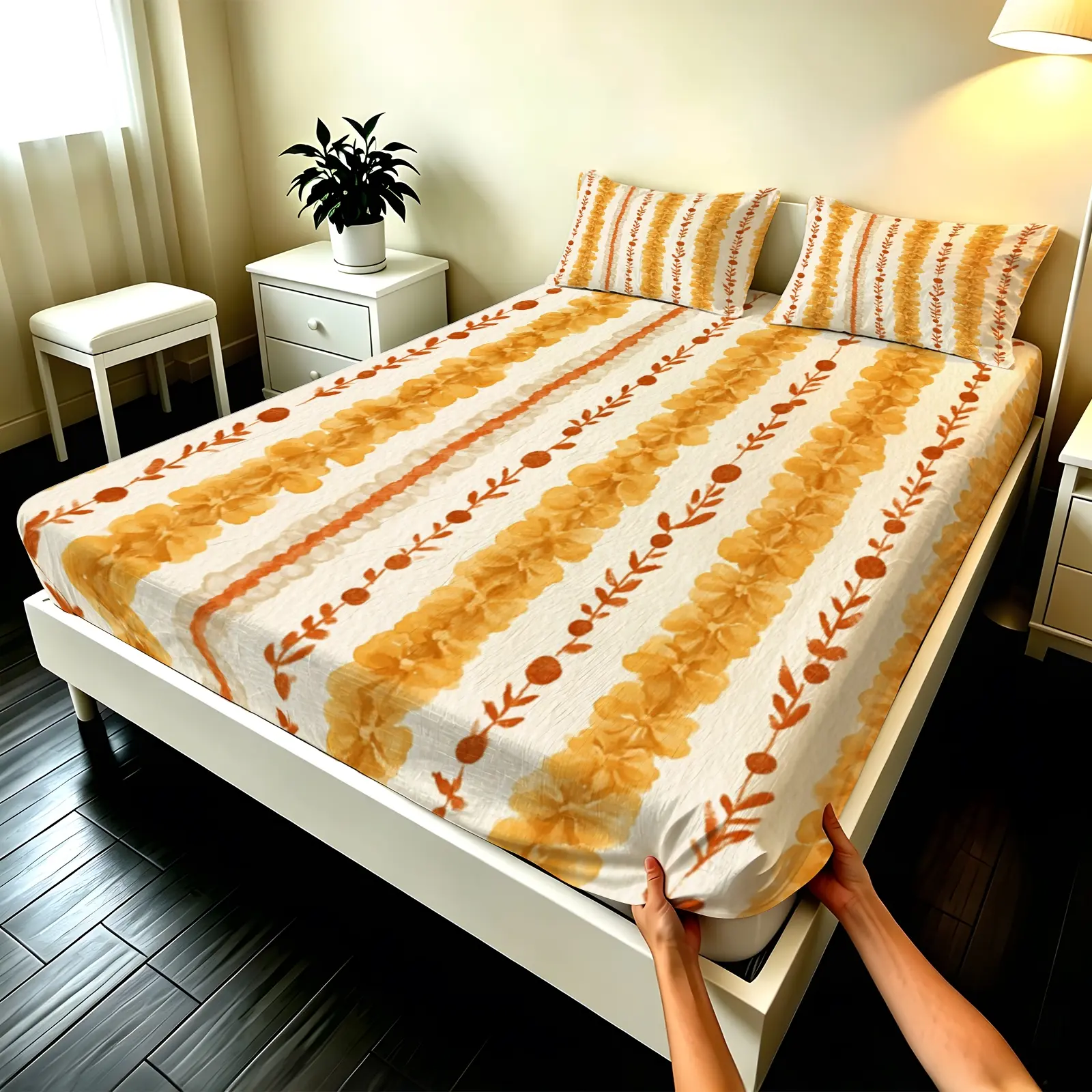 3pcs Fitted sheet Boho Yellow Floral Striped Pattern Ultra Soft Microfiber Bedding Set Deep Pocket Wrinkle Resistant Fade Proof Breathable Machine Washable for Bedroom Hotel Home Twin Full Queen King Size Soft Woven Bedding