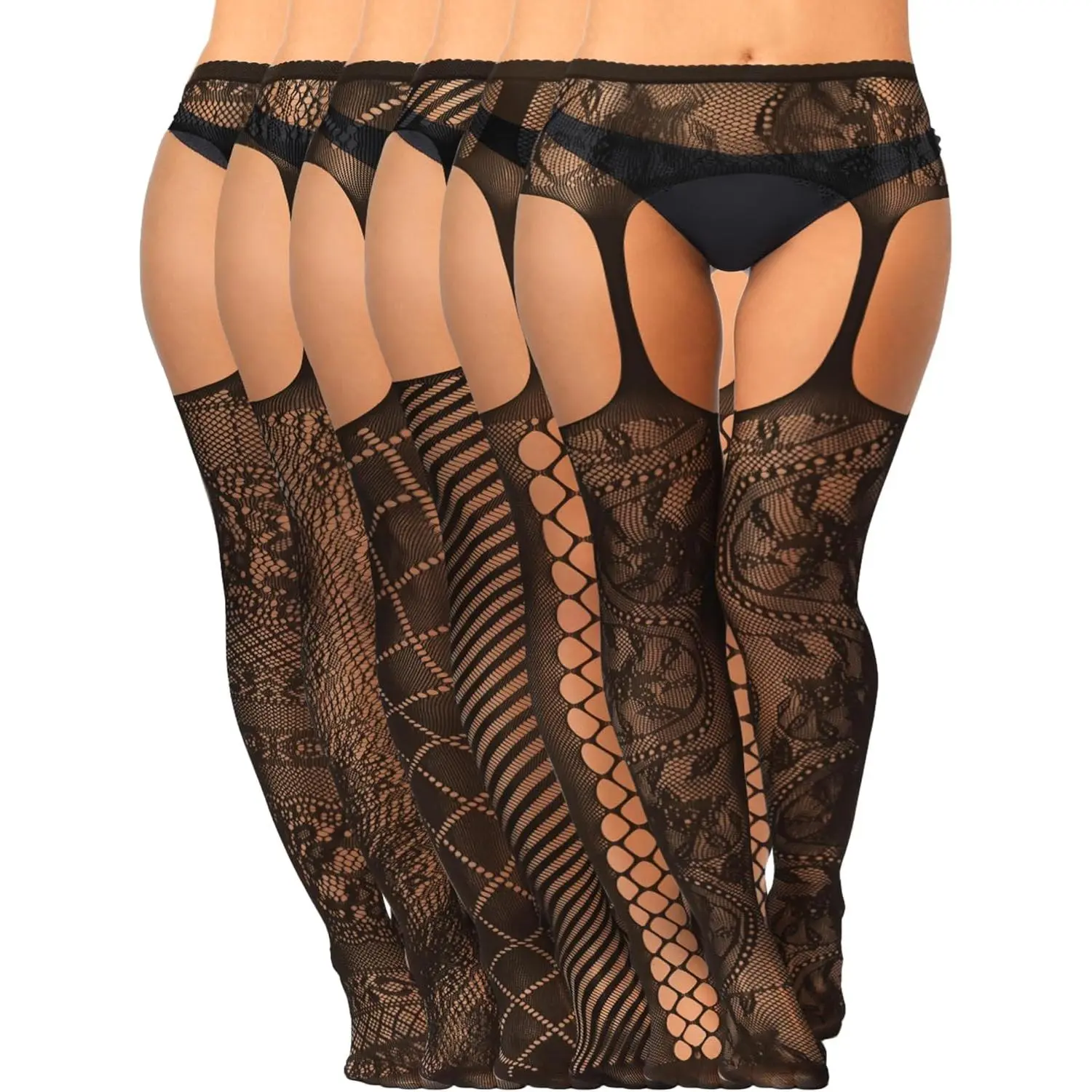 6 Pairs Sheer Fishnet Stockings, Plus Size Thigh-High Lingerie & Garter Tights for Women, Sheer Fabric Garters & Garter Stockings Semi Transparent Pantyhose Black