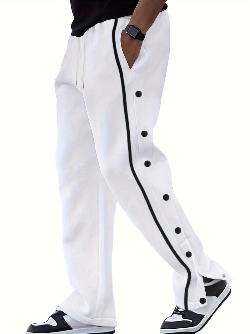 Men's Casual Polyester Pants, Solid Color, Side Stripes and Button Details, Regular Fit, Drawstring, Suitable for All Seasons, Comfortable and Fashionable for Adults