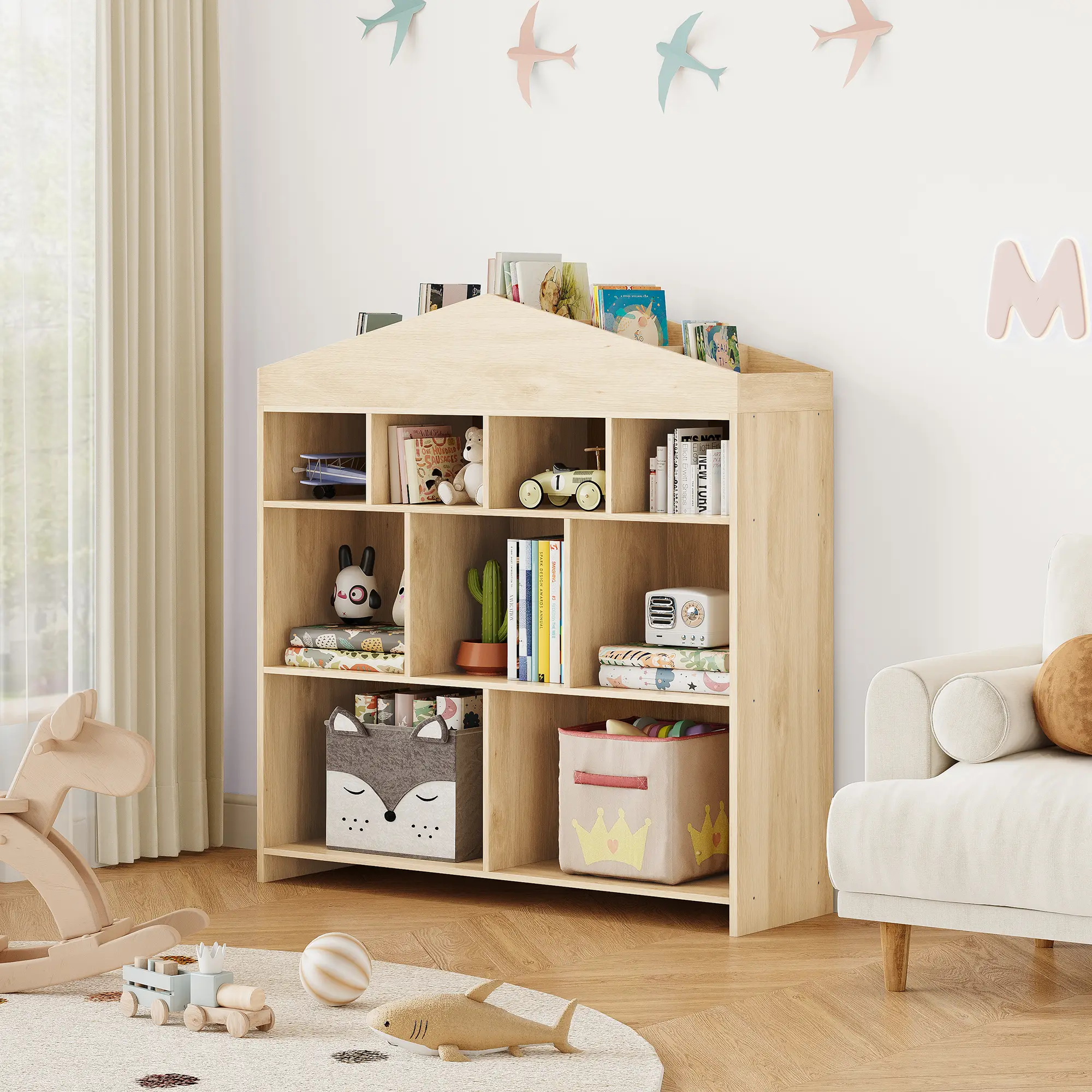 GARVEE Child Development Approach Kids House-Shaped Bookshelf with Toy Storage, 4-Tier Wooden Bookcase Shelf with 15-Cube Cubby Organizer, Open Shelves for Nursery/Playroom/Kids Room/Study Area