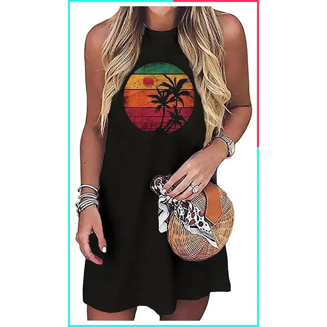 Women's Sleeveless Coconut Tree Print Mini Dress Summer Beach Party Vacation Sundress
