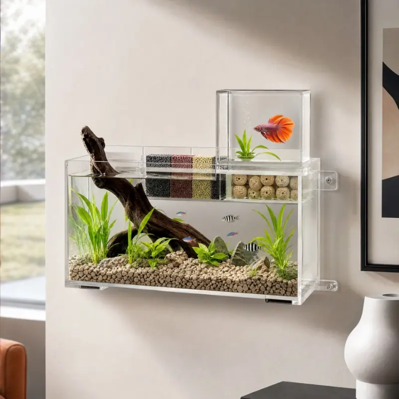 Wall-mounted fishing gear, small acrylic vacuum negative pressure fish tank with floating top-mounted eco creative landscape decoration
