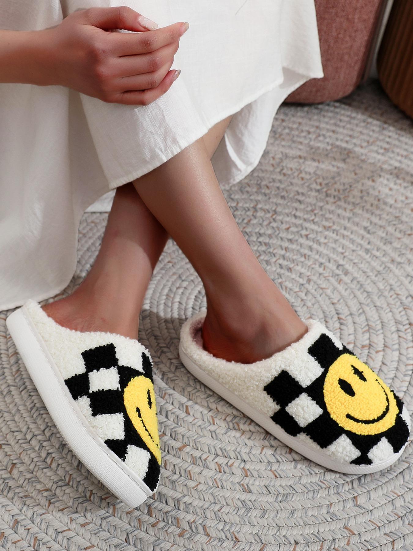 Colorblock Plaid & Smile Face Pattern Plush Slippers, Fashionable Home Slippers for Indoor Outdoor Wear, Fluffy Fall & Winter House Shoes for Women, Unique Gifts for Women, Footwear