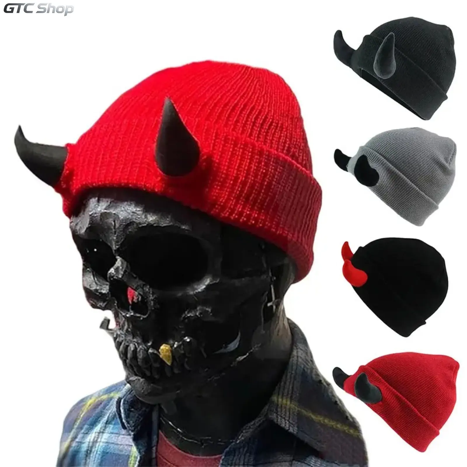 1 Pack Reversible Knit Beanie with 3D Devil Horns, Soft Stretch Acrylic Warm Winter Hat, Double Sided Novelty Skull Cap, Multi Color Options Unisex Streetwear Hat, Ideal Halloween Cosplay Party Outdoor Ski Headwear for Men Women