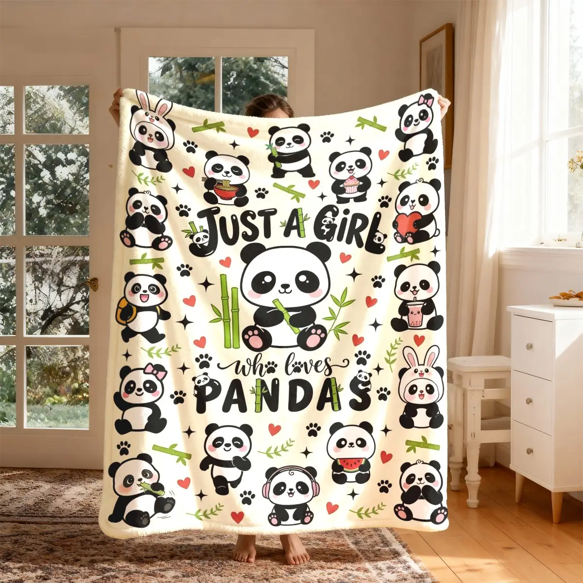 Cute Panda Text Pattern Flannel Blanket, Large Size, Soft and Lightweight, Perfect for All Seasons, Ideal for Bed, Sofa, Office, Camping, Travel