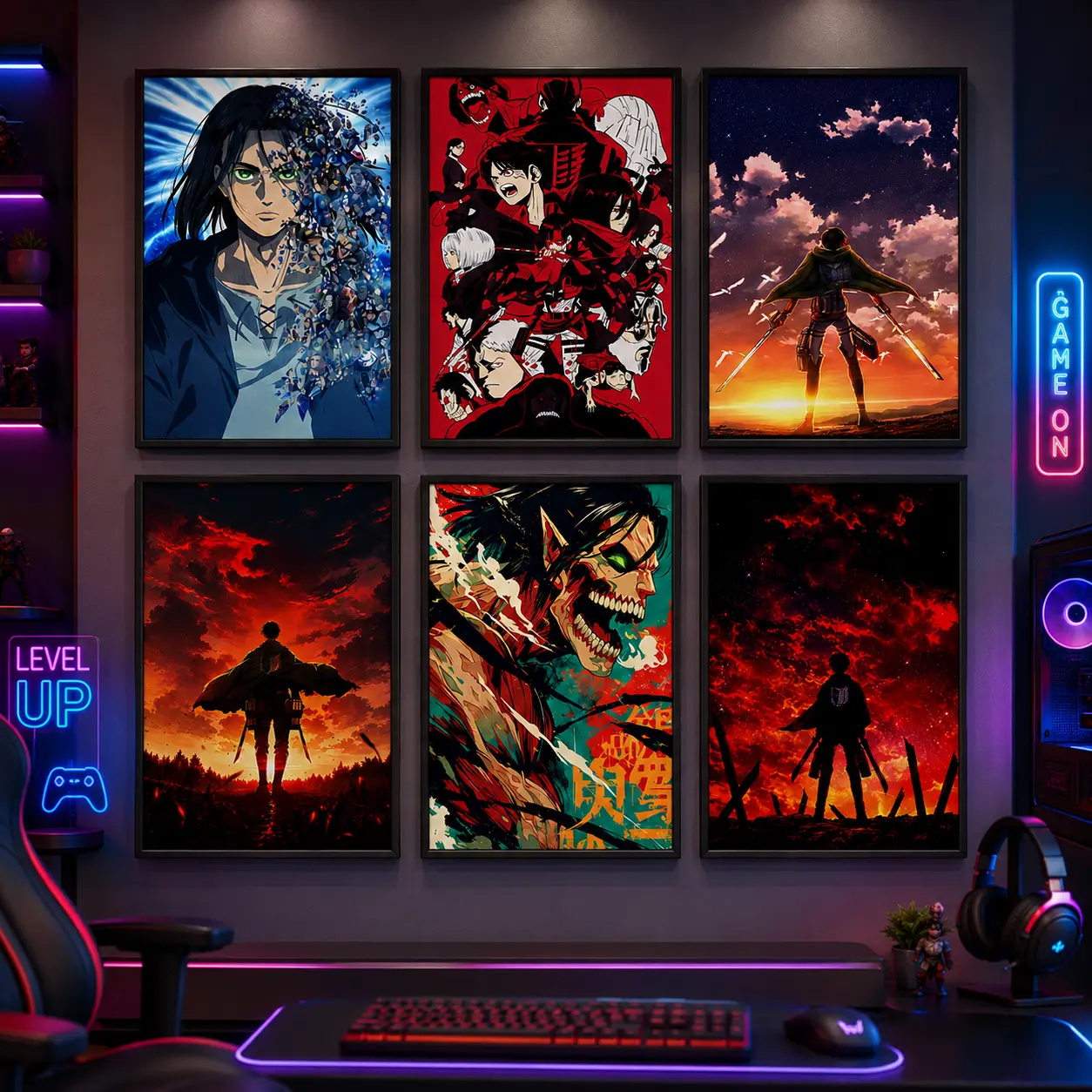 Attack on Titan Anime Art Poster Set of 6, Vibrant Character and Scene Prints for Wall Decor, Office, Living Room, Bedroom, Manga Wall Art, Japanese Anime Decor, Otaku Gift, Levi Ackerman, Eren Yeager