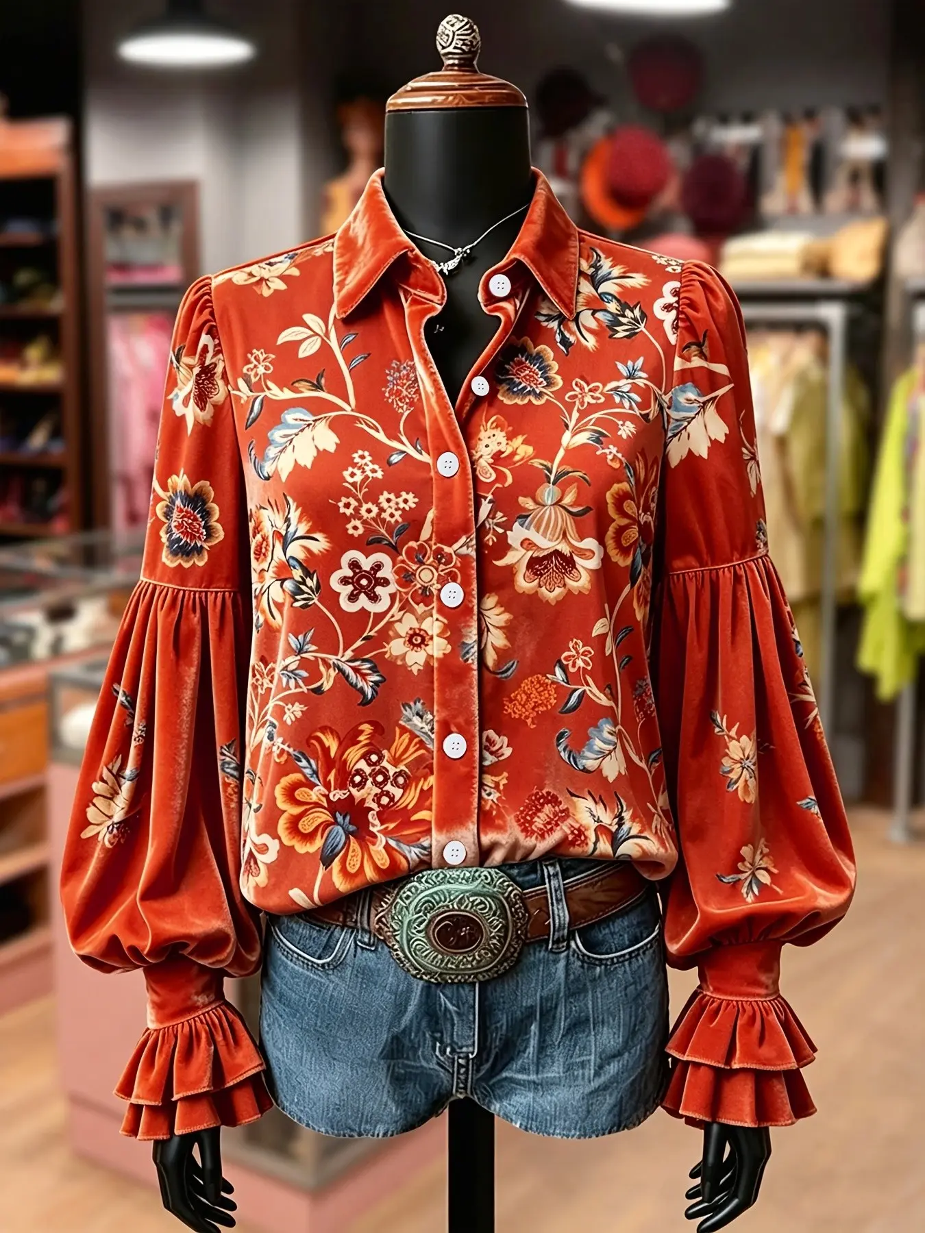 Women's Western Orange Velvet Floral Print Shirt, Collared Button Long Sleeve Lantern Sleeve Ruffle Cuff Blouse (Belt Not Included)