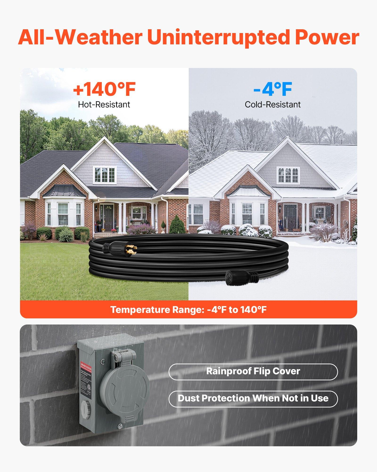 VEVOR 30 Amp Generator Cord and Power Inlet Box, 15 FT, 125/250V NEMA L14-30P to L14-30R Heavy Duty Extension Power Cord, SJTW 10 Gauge 7500W, Pre-Drilled Inlet Box, for Generator to House, ETL Listed VEVOR 30 Amp Generator Cord and Power Inlet Box, 15 FT, 125/250V NEMA L14-30P to L14-30R Heavy Duty Extension Power Cord, SJTW 10 Gauge 7500W, Pre-Drilled Inlet Box, for Generator to House, ETL Listed