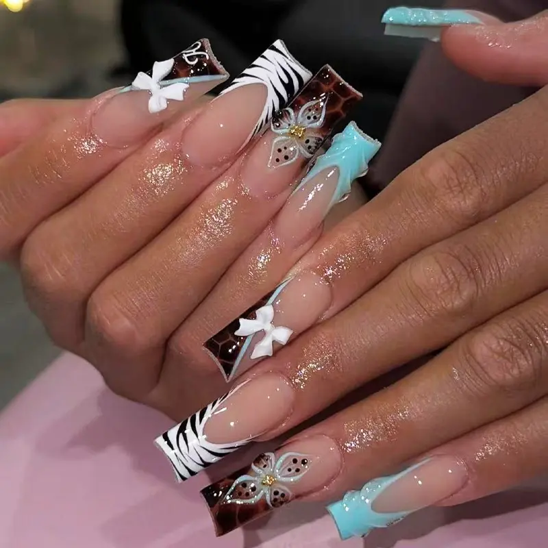 24pcs French Blue Border Press-On Decorative Nails, Long Square Shape, Zebra Print, 3D Butterfly Flower Design, Reusable Artistic Nail Set