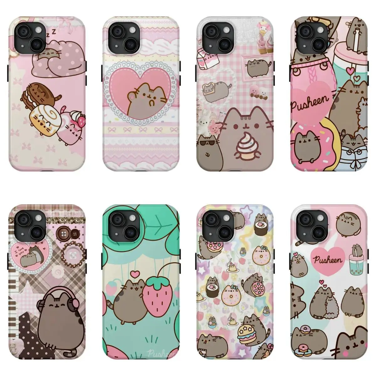 Cute Pusheen Kawaii Cat Colorful Y2K Style Patterns Phone Case for iPhone 17 Promax 16 15 14 13 12 11 Pro Plus & Samsung Galaxy S26 Ultra S25 S24 S23 S22 Plus FE Anti-Fall Soft Back Shockproof UV Bumper Drop Protection Best Gifts Cellphone Cover