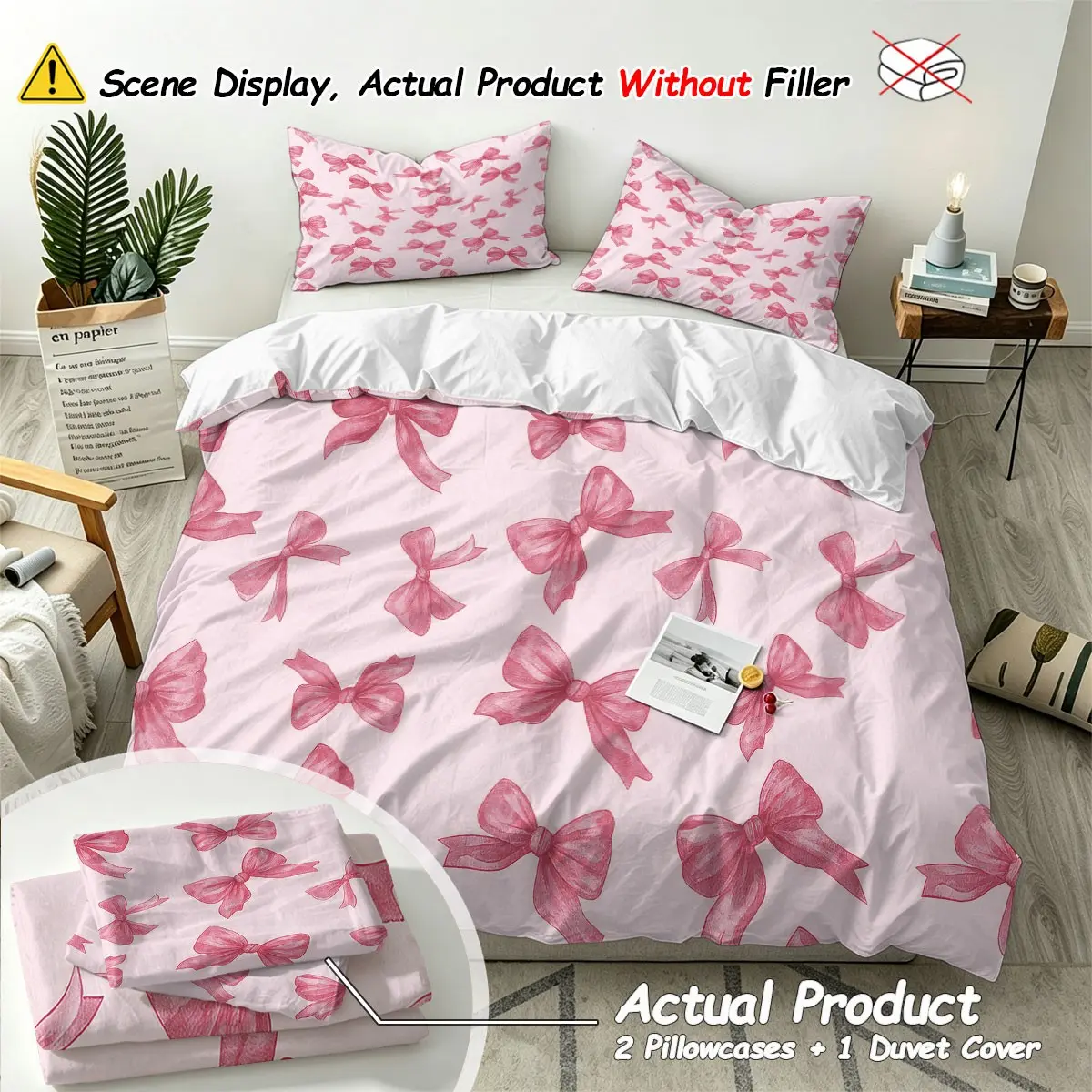 Princess Style Bow Duvet Cover Set, (1 cover + 2 pillowcases, no filling)Soft Digital Print Bedding, Includes 1 Duvet and 2 Pillowcases, Cozy and Fashionable Decor