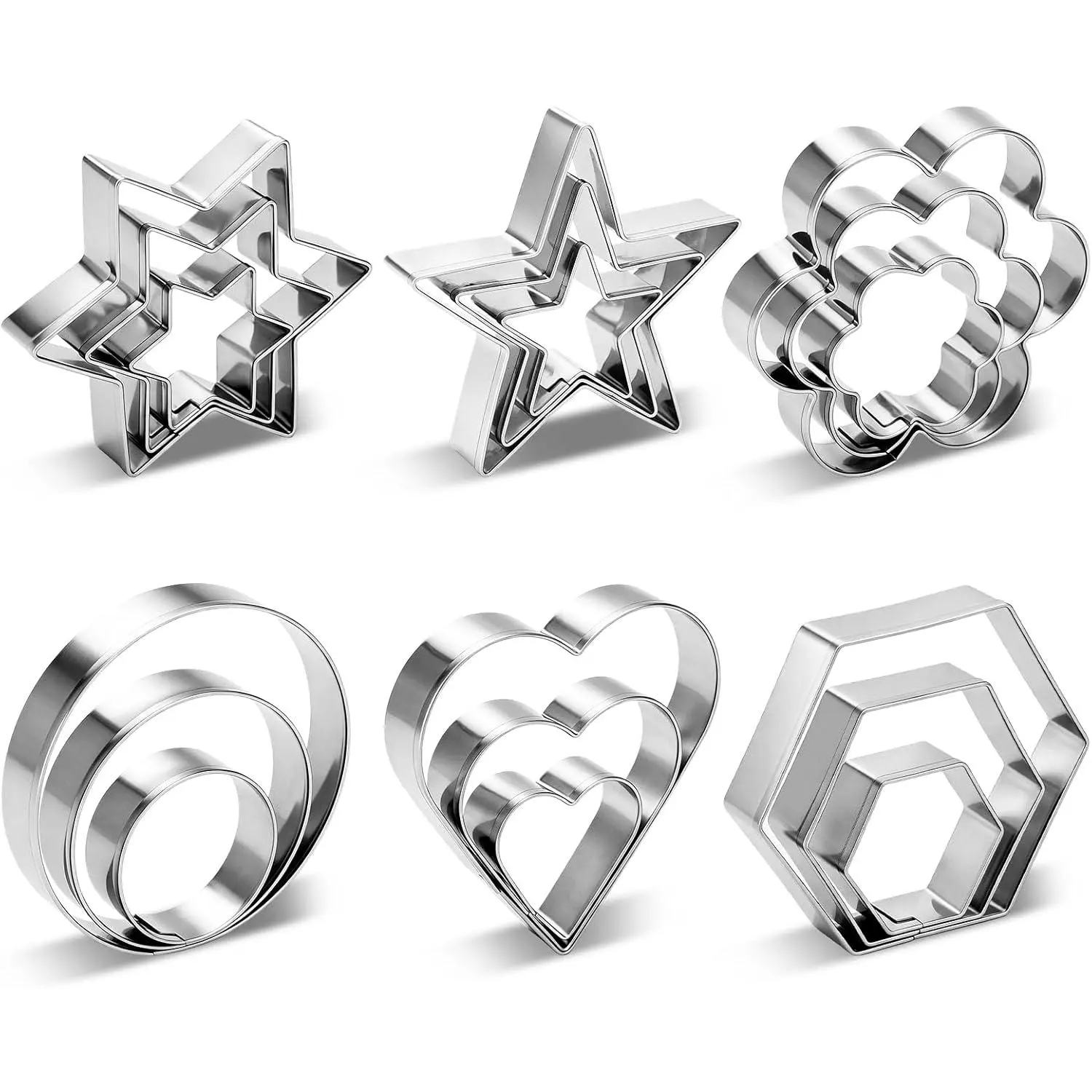 Cookie Cutters,18 Pcs Stainless Steel Cookie Cutters Variety Pack with Box | 3 Sizes 6 Shapes Biscuit  with Heart,,Flower,Round,Hexagon,Large Small Mini Cake Molds for Baking,Fruit,Veggie