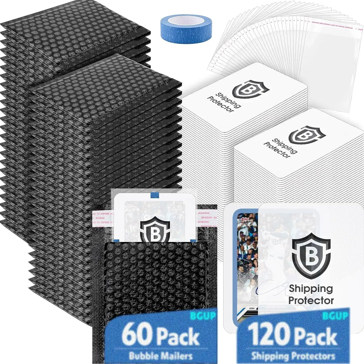 Trading Card Shipping Supplies Kit, Includes 120 Card Shipping Protectors 3.5" X 4.5", 60 Envelope Bubble Mailers, 100 Cellophane Bags for Collectible Cards Packaging Mailing Black