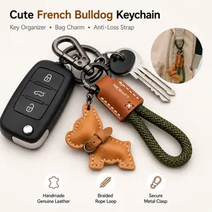 French Bulldog Keychain Handmade Leather Dog Bag Charm, Cute Frenchie Dog Pendant with Braided Rope Key Chain, Anti-Loss Wrist Strap, Car Key Organizer, Purse Charm, Backpack Decoration, Handbag Accessory, Pet Lover Gift for Women Men and Daily Use
