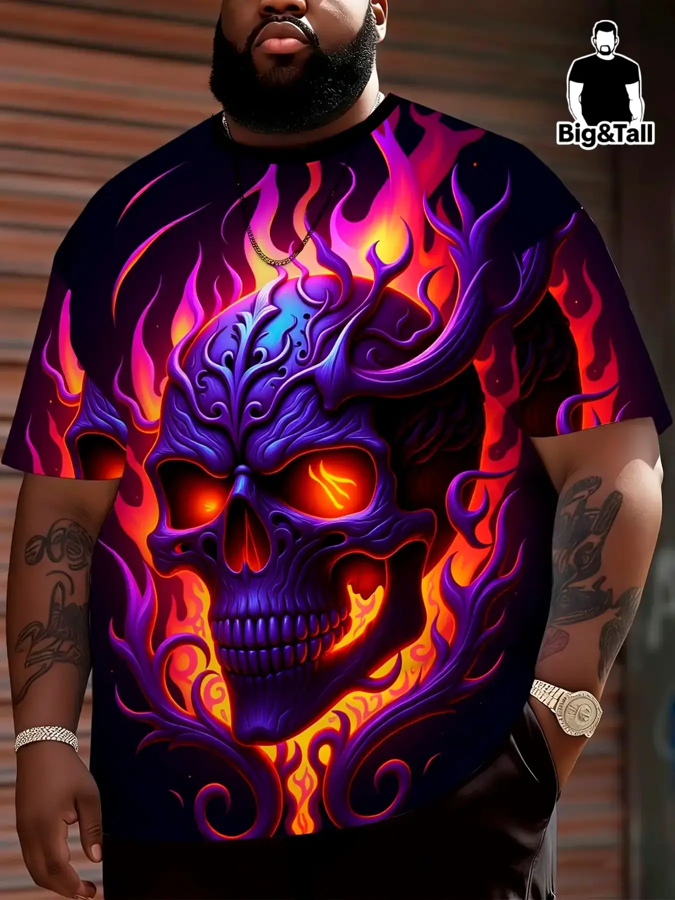 Large Size Men's Dark Flame Skull Print T-Shirt, Gothic Grunge Tees, Menswear Heavy Metal Rock Streetwear Style Short Sleeve, Casual Baggy Loose-Fitting Top for All Seasons Clothes