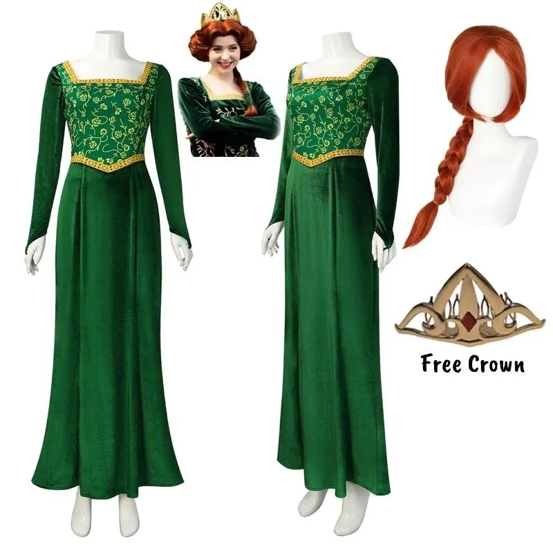 Women's Fiona Green Cartoon Character Ball Gown - Shrek Cosplay Outfit with Wig and Crown, for School Performance, Drama, Birthday Party Events (Festive & Party Supplies)