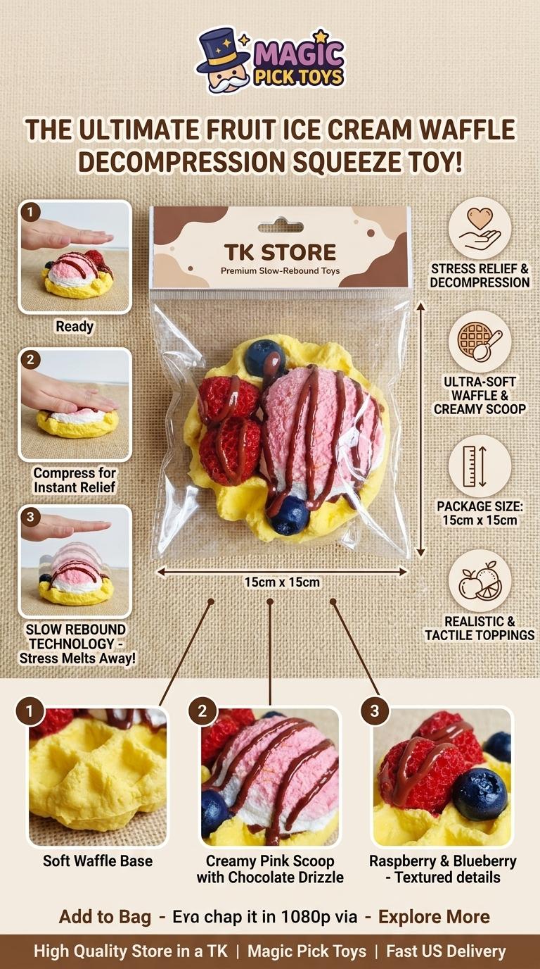 Final Sale | Ice Cream Fruit Waffle Squishy- Food-Grade Silicone Slow-Rising Rebound Squishy Fidget Toys for Stress Relief - Soft Squeeze Toys with Thick Creamy Slime Texture, Handmade Non-Toxic Sensory Toys