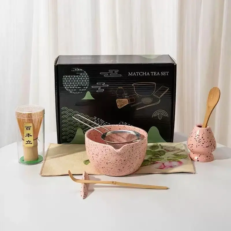 Matcha  Set 8- Ceramic Speckled Design with Teapot & Whisk - Complete   Ceremony Kit in Elegant Black  Box ()