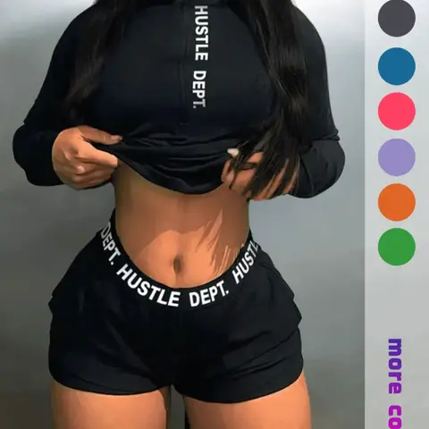 Fashion Versatile Casual Letter Half-Zip Long Sleeve Top and Short Pants Set, Slim-Fitting Regular Length, Natural Waist, Unlined