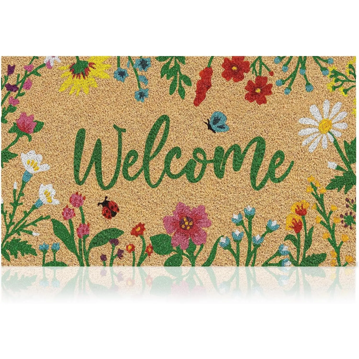 Coir Welcome Mat, Non-Slip, Floral, 17 x 29 in | Traps Dirt and Mud, Anti-Shedding, Durable PVC Backing, 100% Natural Coir, Indoor and Outdoor Entryway, Easy to Clean