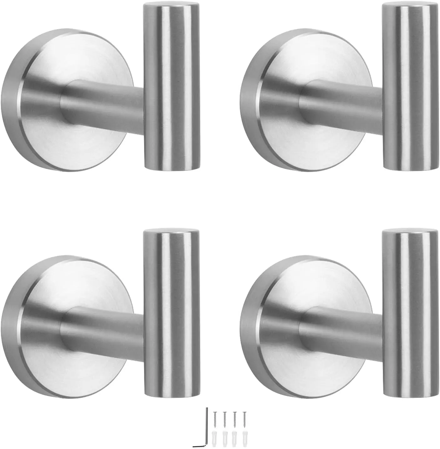 Brushed Nickel 4 Pack SUS 304 Rustproof Stainless Steel Wall Mount Towel Hooks, Heavy Duty Robe Coat Clothes Hanging Holder, Hardware Organizer Hook for Bathroom Living Room Kitchen Hotel Garage Home Decor