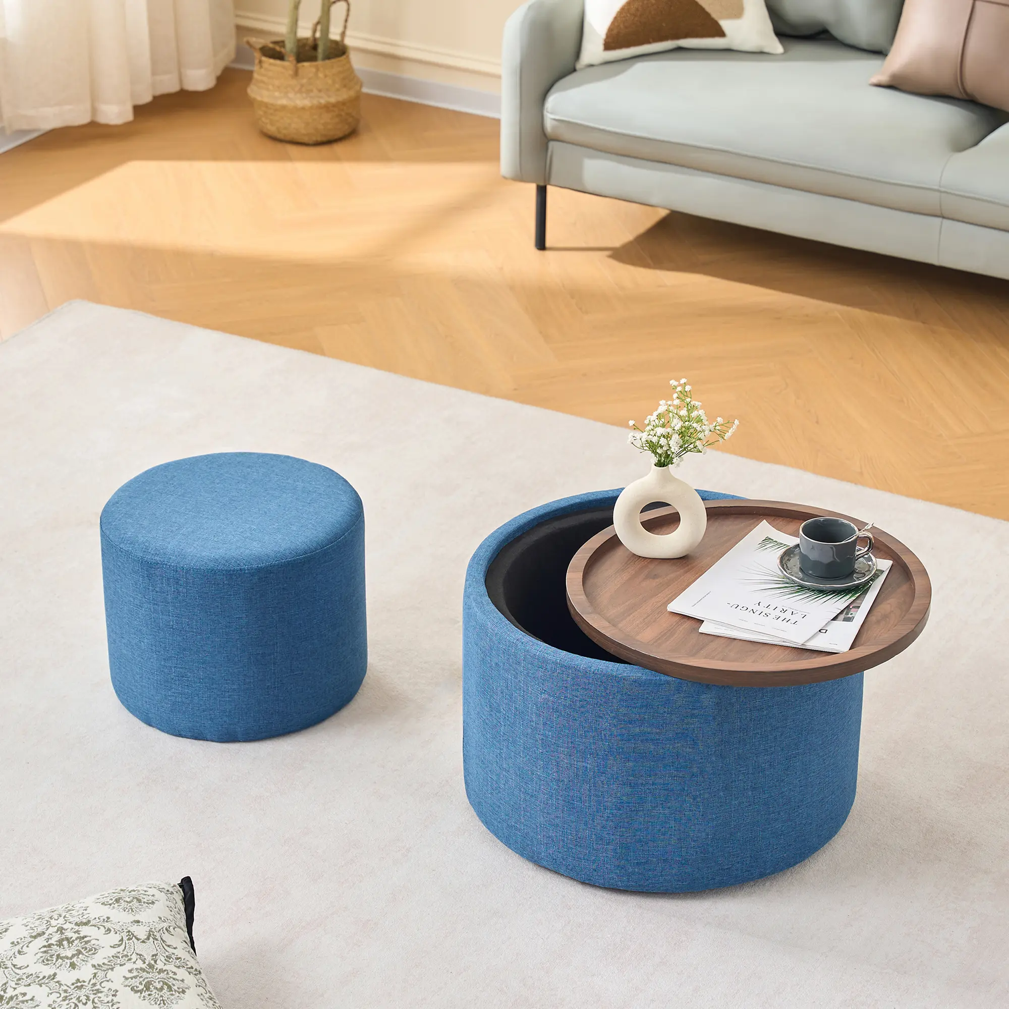 ARCH Set of 2 Nesting Storage Ottomans with Wood Tray, Linen Upholstered Round Footstool, 22.75" Coffee Table and Bench, Hidden Storage, Sturdy Wood Frame, Blue, for Living Room Bedroom Dorm, Blue Color Options, Linen Material, Modern Style