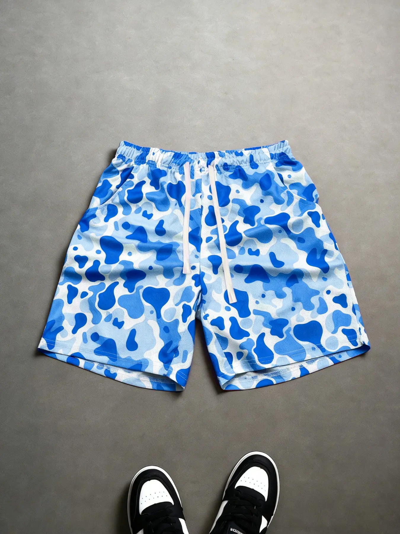 Men's Loose-Fitting Shorts, Cartoon Pattern, Lightweight Mesh Fabric, Camouflage Leopard Print, Casual All-Season Wear, Unisex Design, Drawstring Shorts