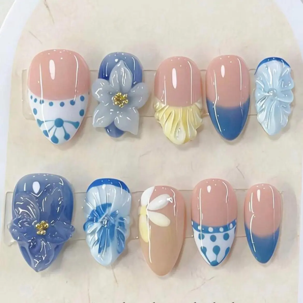 10‑Piece Almond Handmade Press‑On Nails, Fresh Blue Gradient French Style Nail Set With 3D Multi-Color Flower & Blue Polka Dot Decor, Full‑Cover False Nails For Daily Wear, Dating, Vacation, Elegant Manicure For Women And Girls, Almond Fake Nails
