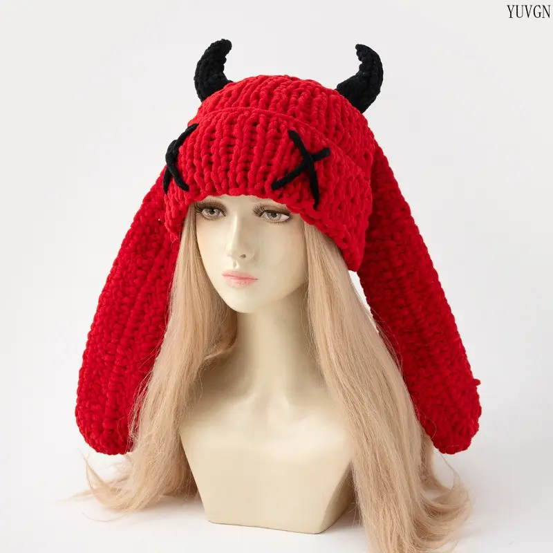 Novelty Beanie Hat for Women, Cute Devil Horn Winter Hat with Long Ear, Soft Warm Crochet Beanie, Multiple Colors, Fun Gift