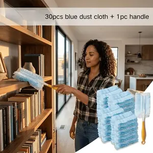 30pcs blue duster + 1pc handle, suitable for home and car use, dust removal tool with handle, suitable for replacing brush heads in furniture, keyboards, laundry rooms, ceilings, multi-purpose cleaning accessories