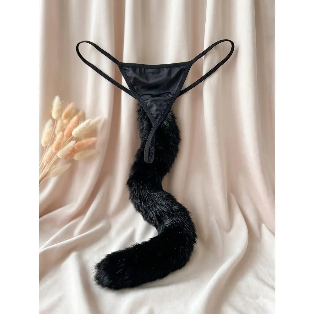 Fluffy & Silky Thong — Black T-Back Lingerie with Fashionable Tail; Ideal for Halloween Cosplay and Nightclub Roleplay