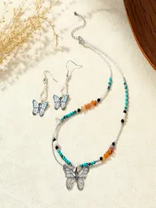 Bohemian Colorful Butterfly Shadow Necklace and Earring Set, Crystal and Turquoise Pearl Detailing for Elegant Style