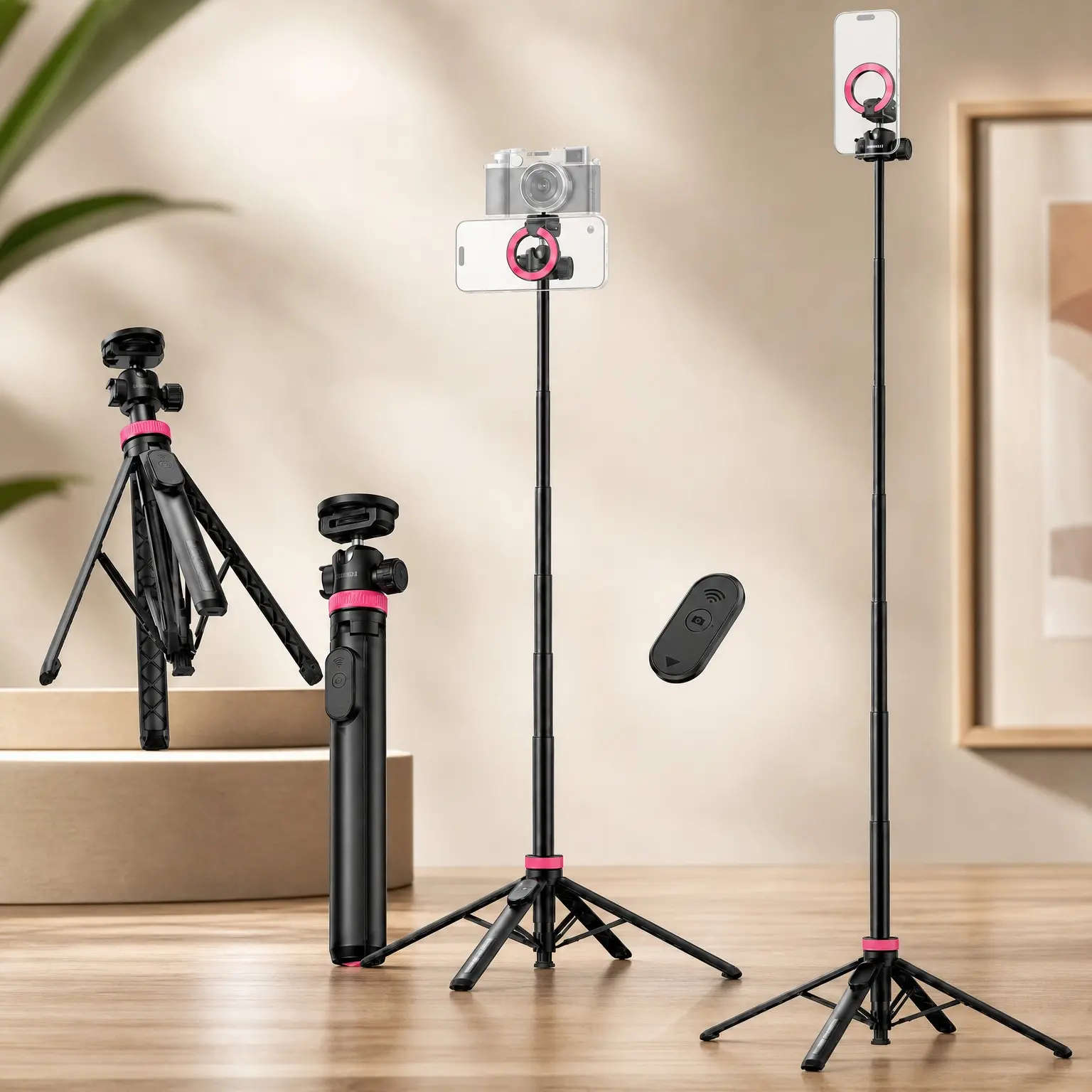 MT44M Auto Open Magnetic Phone Tripod, 59" Selfie Stick with Remote, 2-in-1 Tripod Stand Dual Mount & 1/4" Screw for Phone and Camera, 360° Ball Head for iPhone Android, Vlogging, Live Streaming, BlackGift