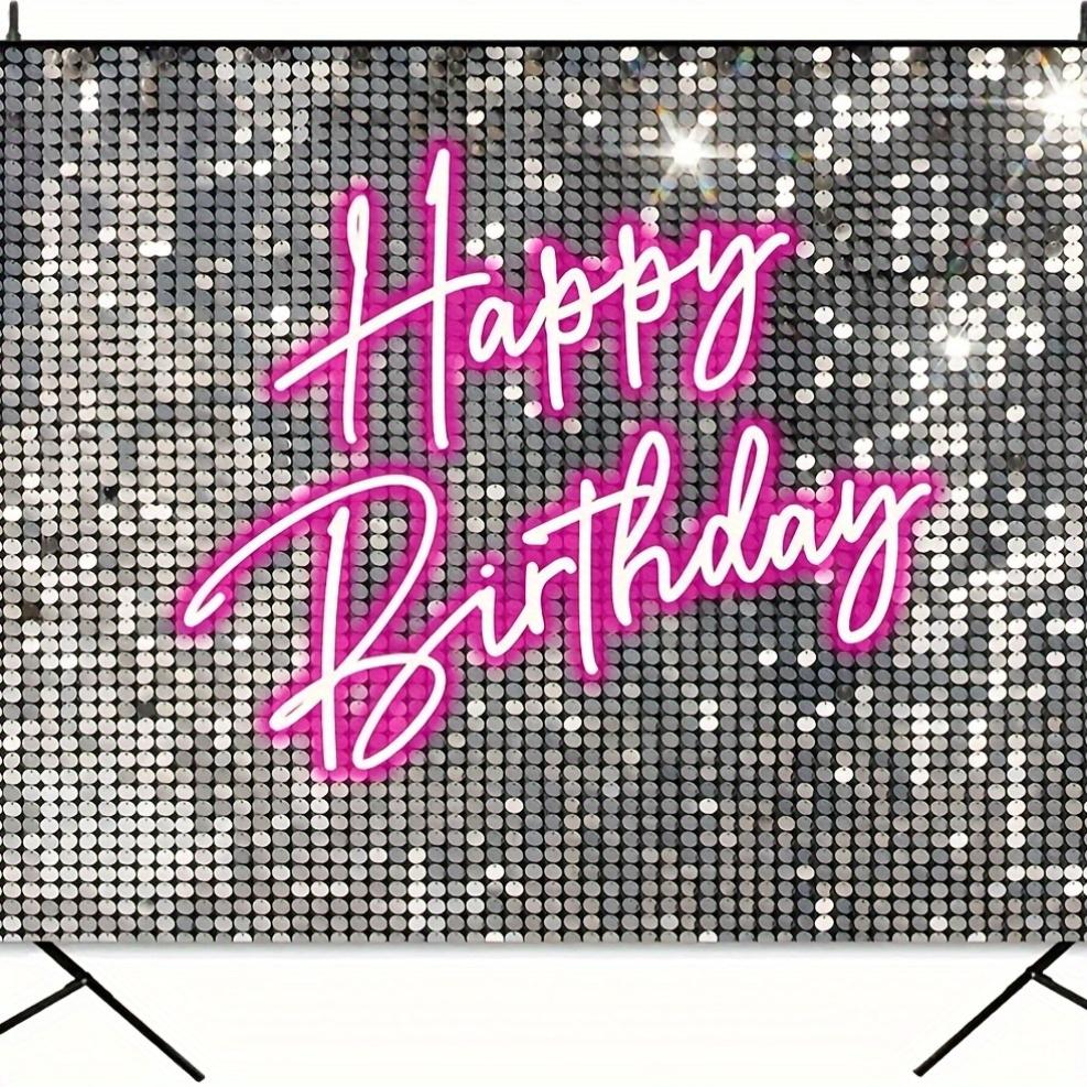 Sparkling Pink Neon Birthday Backdrop - Premium 100% Polyester Soft & Glitter Photography Banner with "Happy Birthday" Text - Perfect for Women's Milestone Parties, Photo Booths & Home Decor