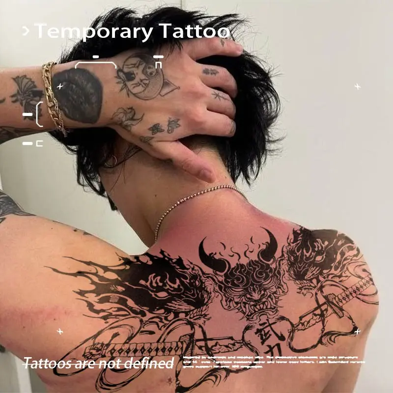 Japanese Dark Hannya Samurai Herbal Juice Temporary Tattoo Semi‑Permanent Waterproof Long‑Lasting Realistic Cool Fake Tattoo Stickers for Shoulder Back Men Women