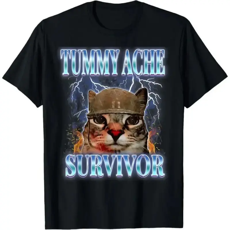 Tummy Ache Survivor Cat Meme Funny Saying Cats Animals T-Shirt for Adults - Graphic Tees Shirts Funny Vintage Fashion Short Sleeve Tops Vacation Outfits Clothing