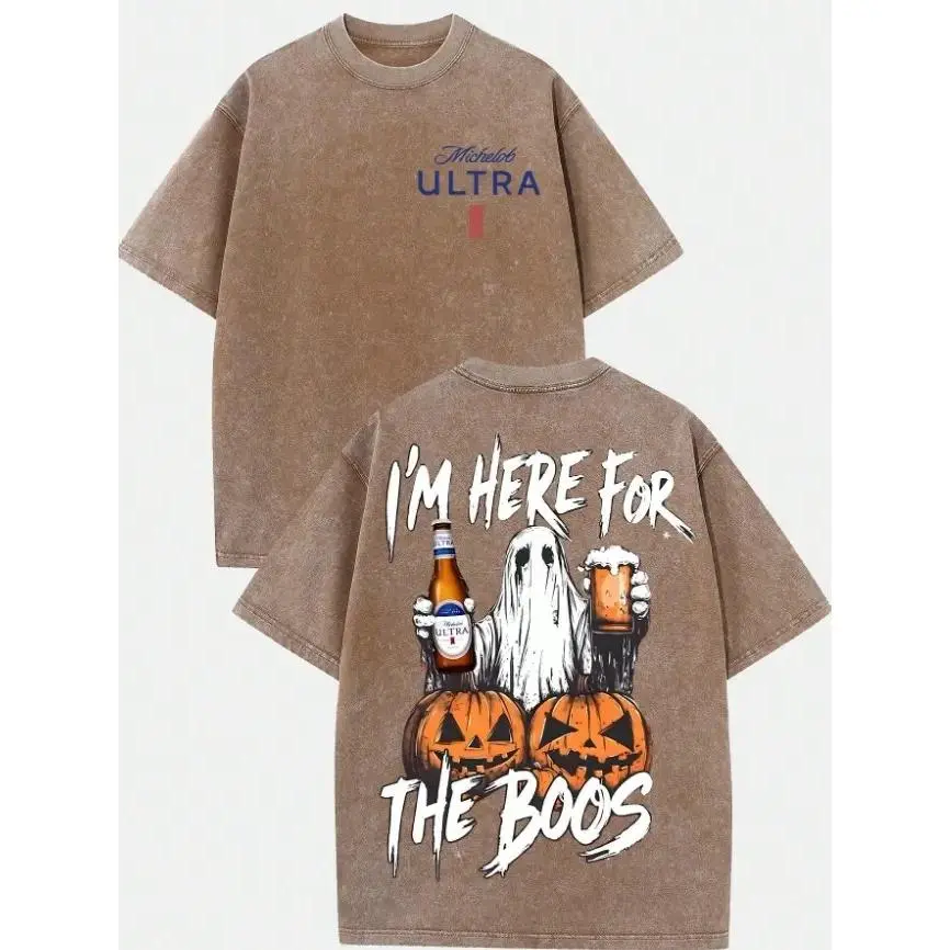 Vintage Washed Michelob Ultra Ghost "I'm Here For The Boos" Double-Sided Graphic Tee |   230gsm Heavyweight Streetwear, Unisex Loose Crew Neck Cotton Halloween Casual Top for Men & Women