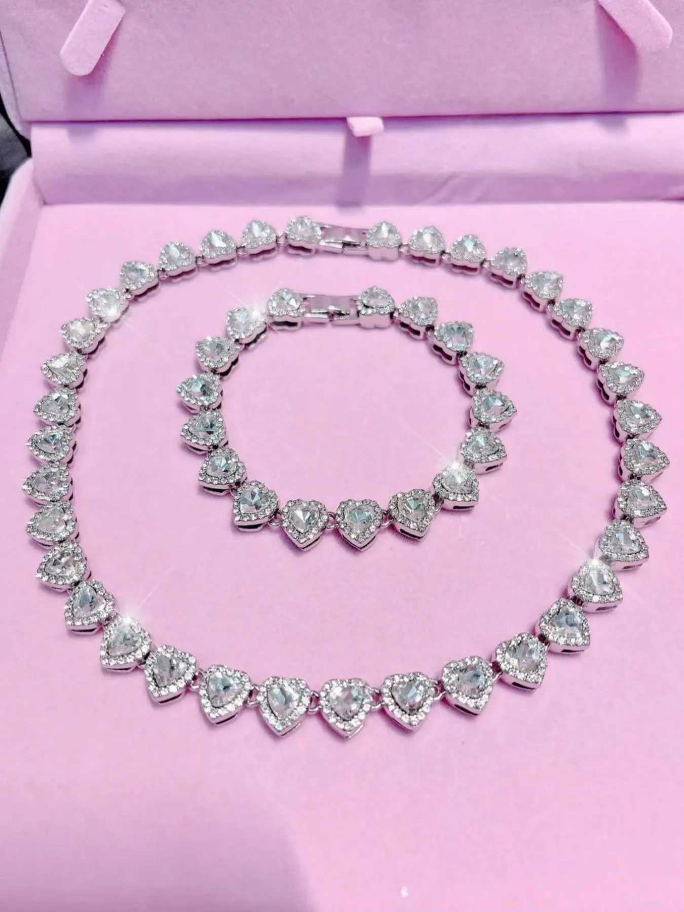 Fashionable Luxury Heart Rhinestone Cuban Bracelet, Unisex Jewelry Set, Elegant All-Season Accessory, Unique Design Handmade