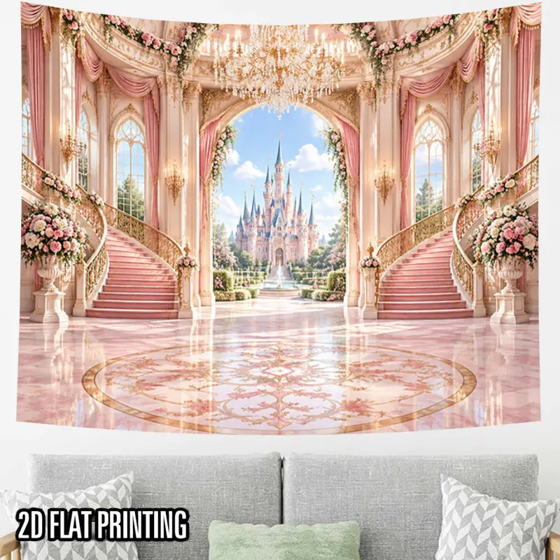 2D Flat - 2D Flat - [2D Flat] 1pc Tapestry Pink Castle Hall Tapestry, Dreamy Princess Palace Decor Wall Hanging Background Cloth for Photo Booth, Birthday Gathering, Outdoor Party And Living Room Bedroom Decoration