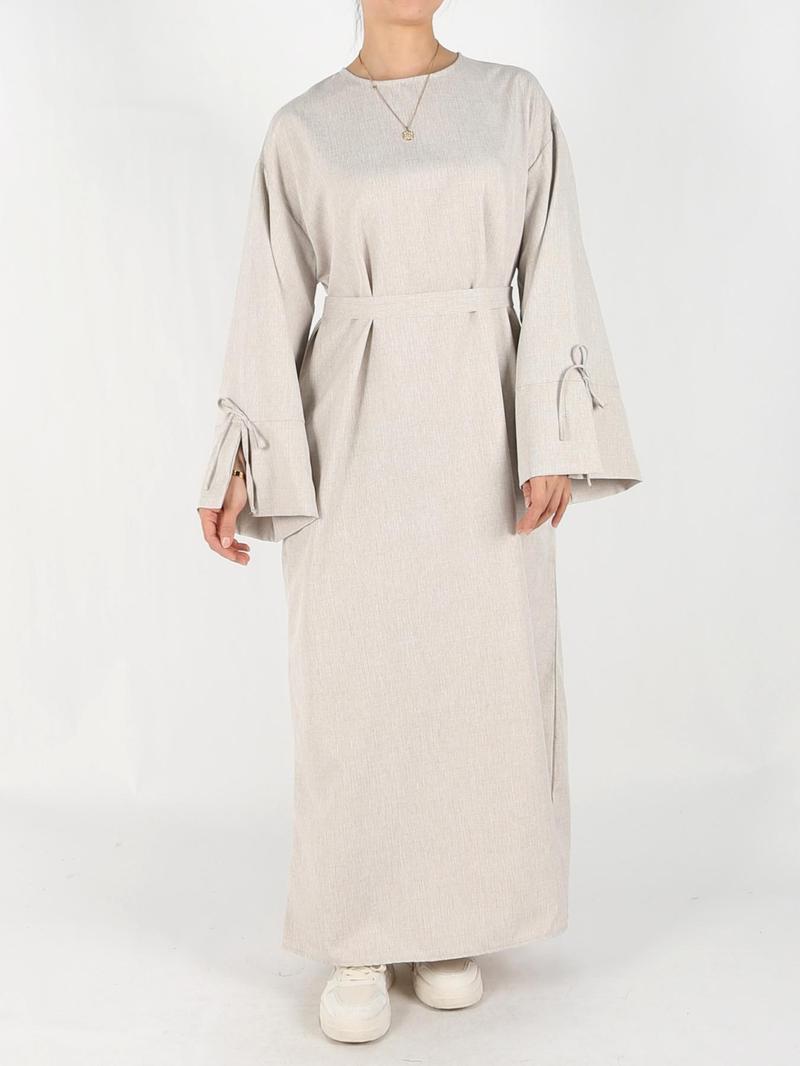 Women's Solid Belted Long Sleeve Muslim Dress, Casual Elegant Modesty Round Neck Dress for Daily Wear, Ladies Abaya Islamic Clothing for All Seasons, Dresses for Women, Solid Color Abaya, Abaya Dress Set, Abayas for Eid, Tunic Dress, Maxidresses