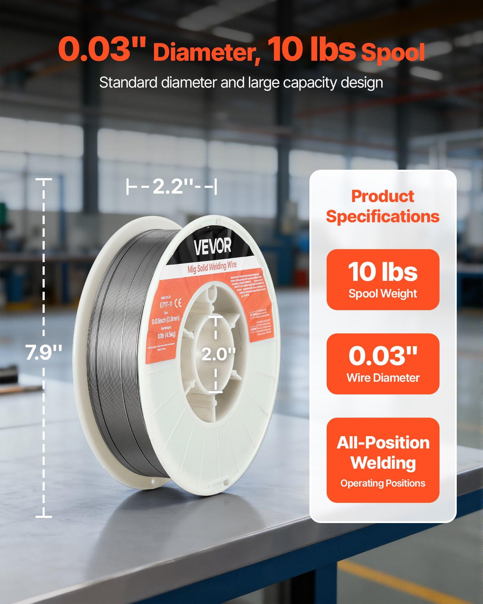 VEVOR Flux Core MIG Welding Wire, E71T-11 0.03-inch 10 LBS, Gasless Mild Steel Welding Wire with Low Spatter for All Position Arc Welding, Self-Shielded for Outdoor Use