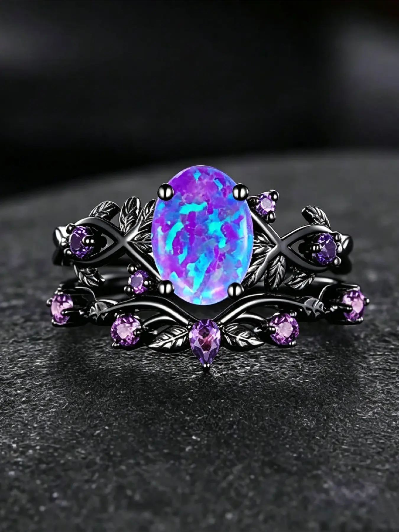 Unique Black Ring Set Oval Synthetic Opal Rings for Women Delicate Jewelry Perfect for Engagement Weddings Party, Daily Wear Anniversary Gift for Her