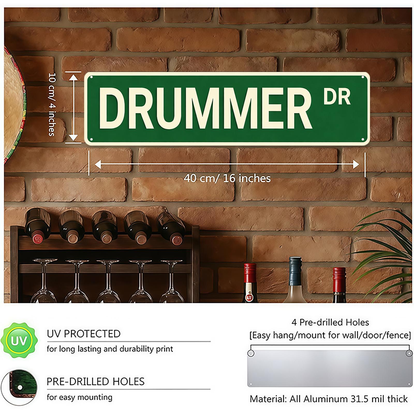 DRUMMER DR Street Sign 16x4 Inch Aluminum Metal Sign - Retro Musician Wall Decor for Man Cave, Garage, Music Studio, Home, Bar - Novelty Tin Sign Gift for Drummers, Band Members, Music Lovers