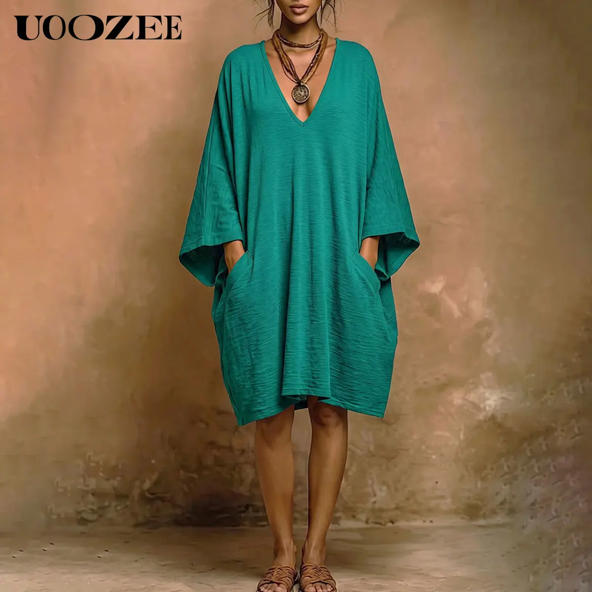 UOOZEE Women's Oversized V Neck Batwing Sleeve Tunic Dress, Crinkled 100% Polyester Loose Kaftan Cover Up with Deep Pockets, Size Down for Slim Fit, Multi Wear Layering Top, Beach Resort Layering Piece, Plus Size Friendly