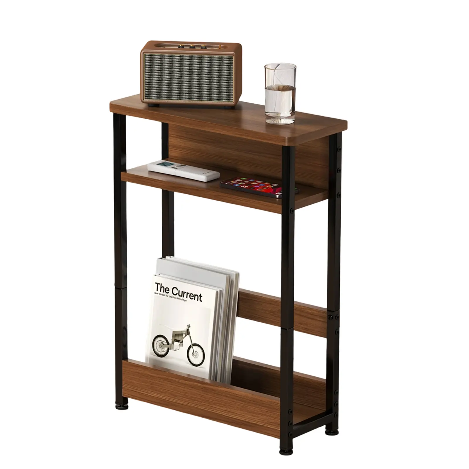 Narrow 3-Tier Side Table with Storage Shelves – Slim End Table with Magazine Holder – Modern Wood & Metal Bedside Table for Small Spaces in Living Room or Bedroom
