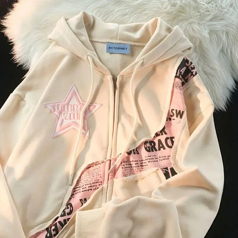 AmericanStyleStreetStarLetterPrintPatchworkCardiganSweatshirtforWomenSweetCoolLooseVersatileJacketWomen'sDrop-ShoulderThreadPrintHoodieCasualFittedLongSleeveWomenswearTopsPulloverGeometric